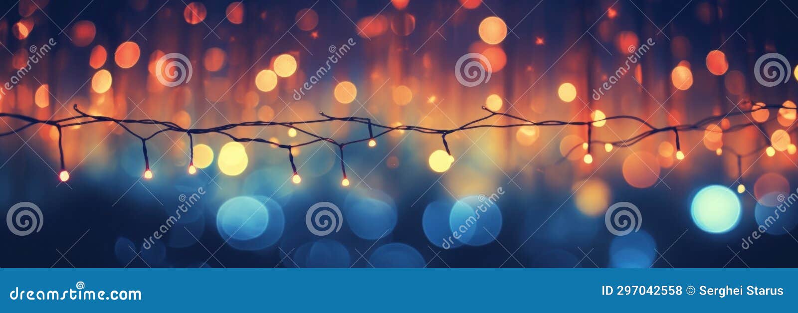 Christmas Lights on a Wire with Bokeh Effect, AI Stock Illustration