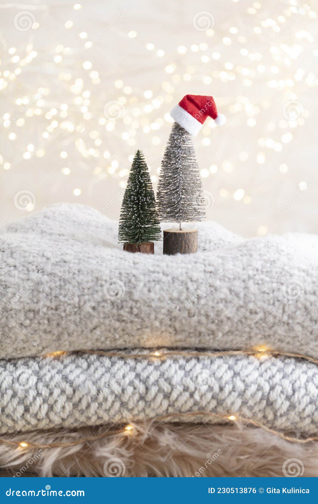 Christmas Little Trees and Golden Lights Bokeh Stock Photo - Image of ...