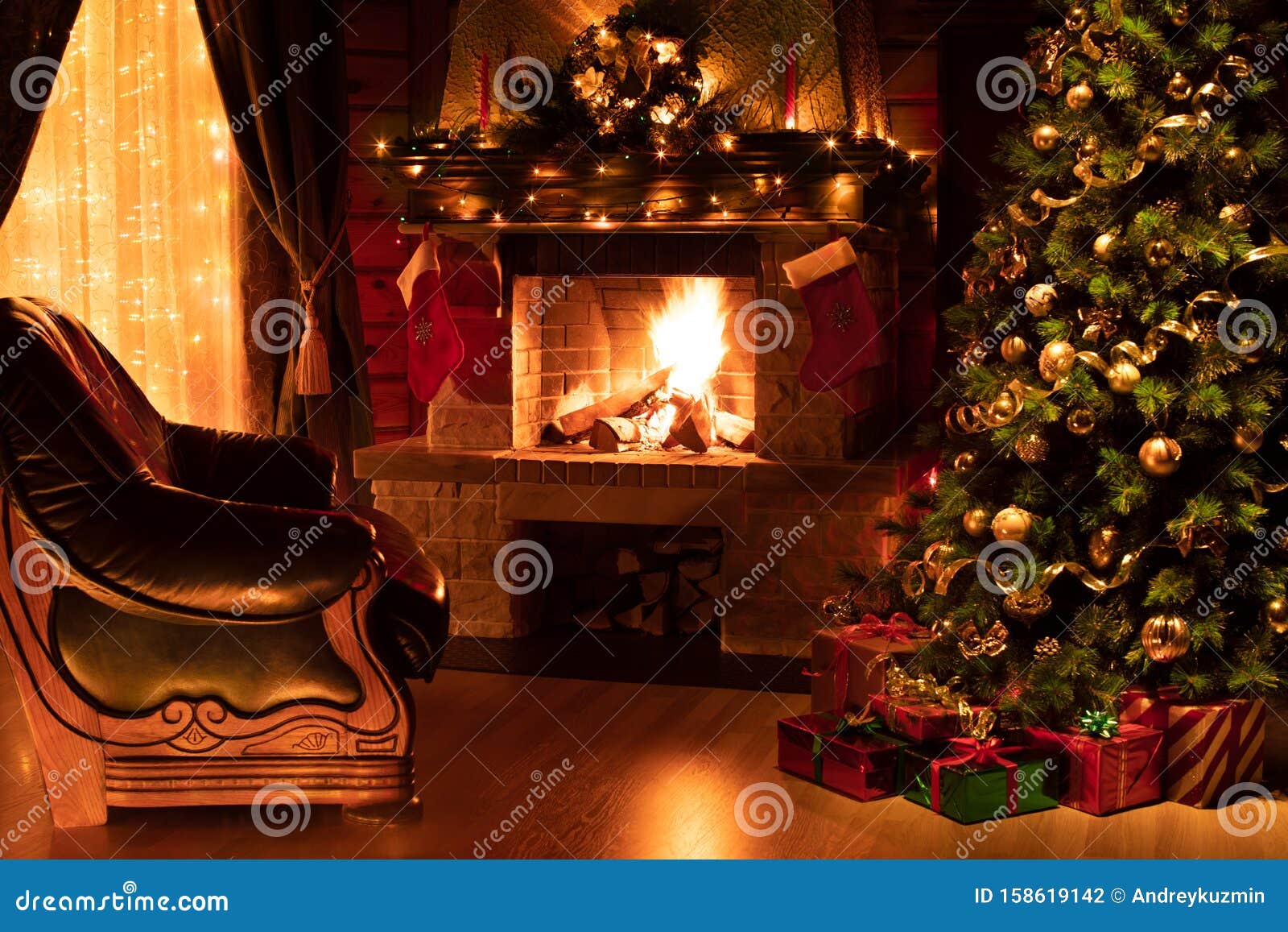 Christmas Living Room Interior with Decorated Fireplace, Armchair and ...