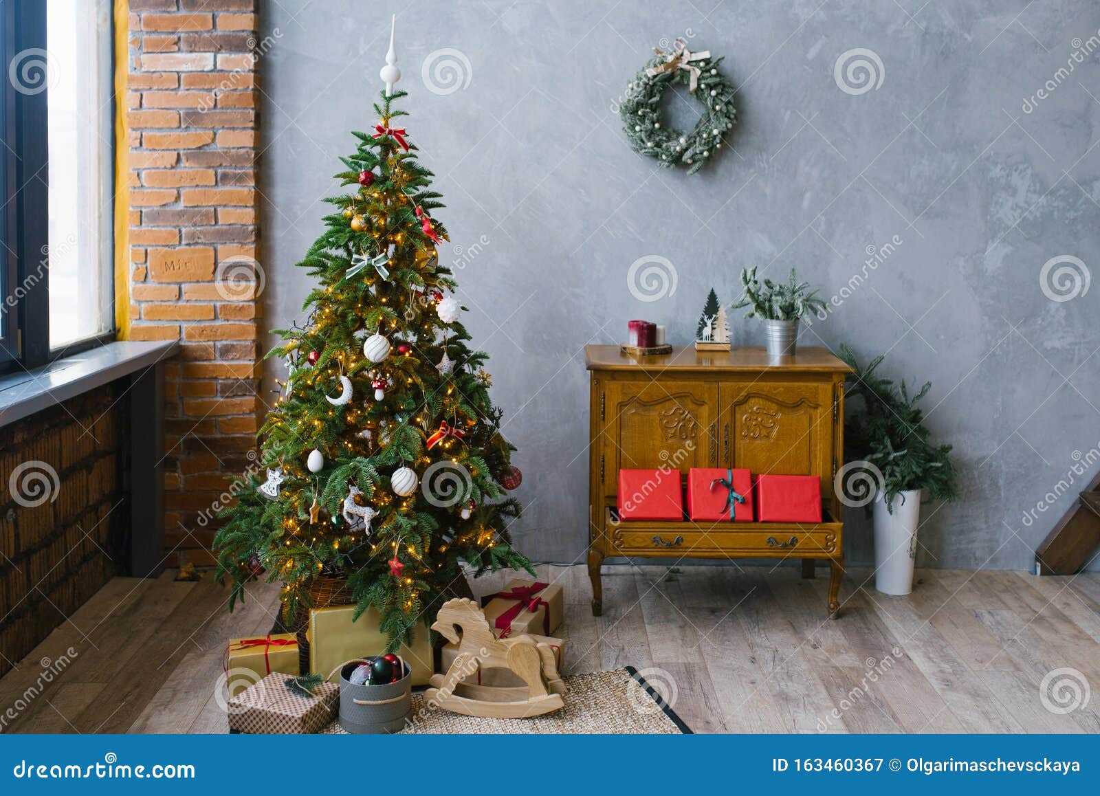 Christmas Loft Style Living Room Interior Christmas Tree With