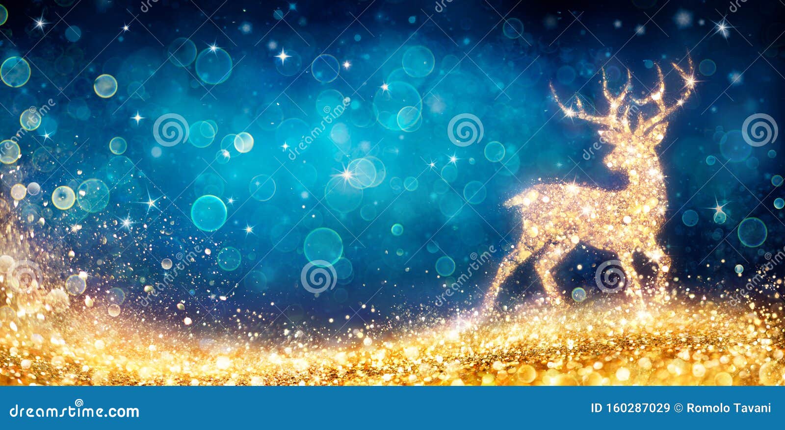 Christmas - Magic Golden Deer in Shiny Blue Stock Image - Image of ...