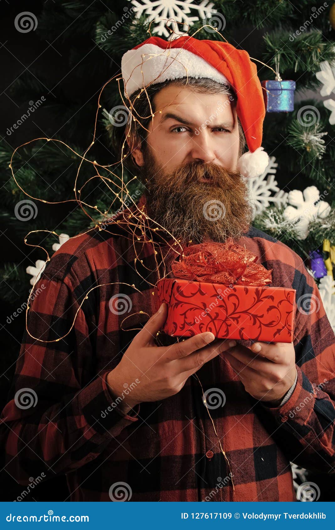 Christmas Man With Beard On Face Hold T Stock Image Image Of Event Christmas 127617109