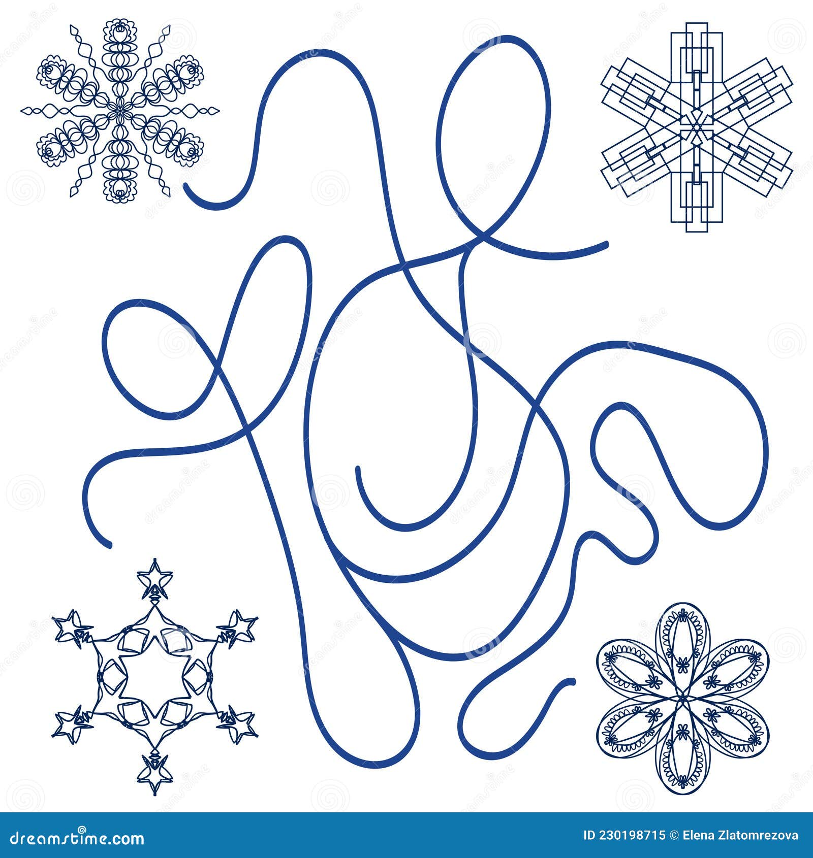 christmas maze. help the christmas trappings find each other. snowflake, leaves, curl.