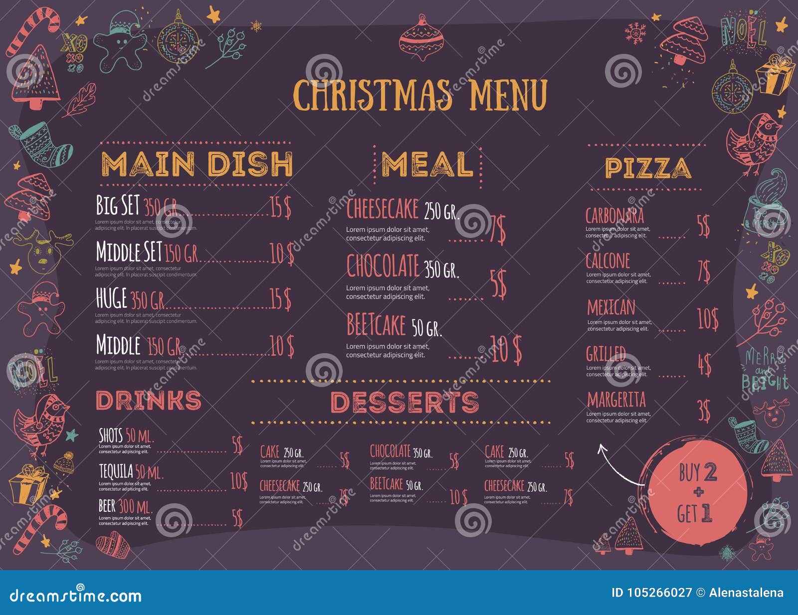 christmas menu design with doodle design elements vector teplate
