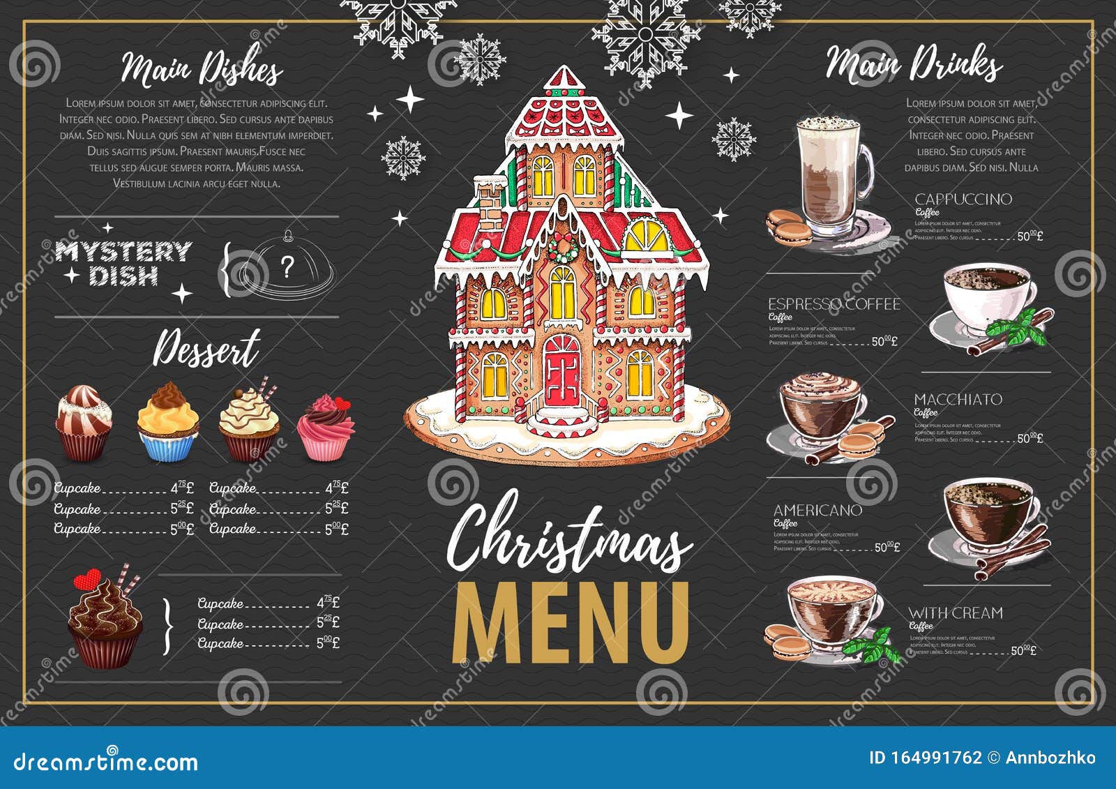 Christmas Menu Design with Sweet Gingerbread House, Cupcakes and Coffe