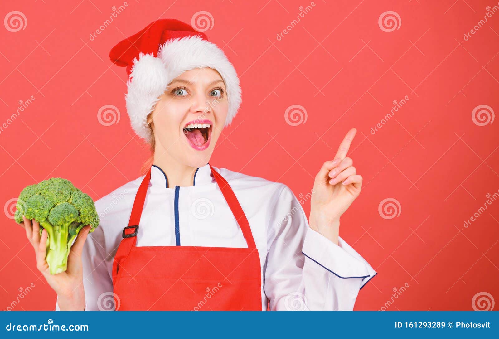 Christmas Menu. Woman Chef Cooking Christmas Dinner Wear Santa Hat ...