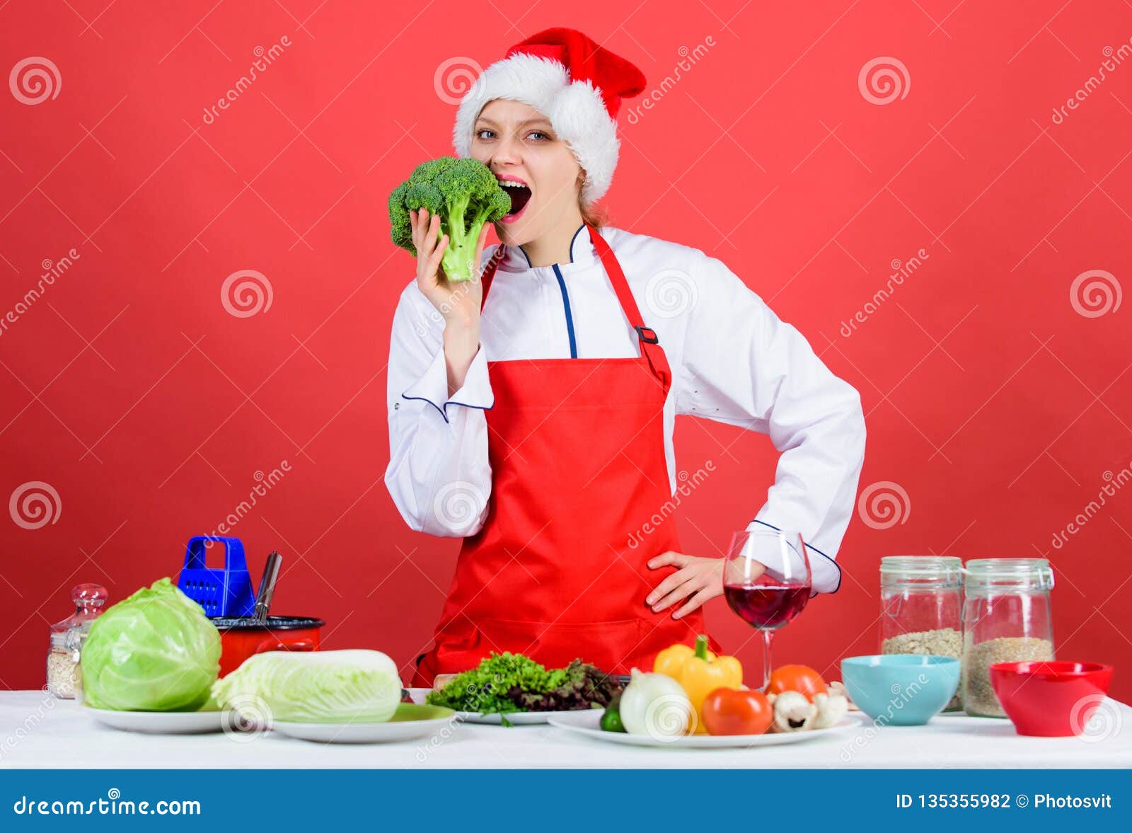 Christmas Menu. Woman Chef Cooking Christmas Dinner Wear Santa Hat ...