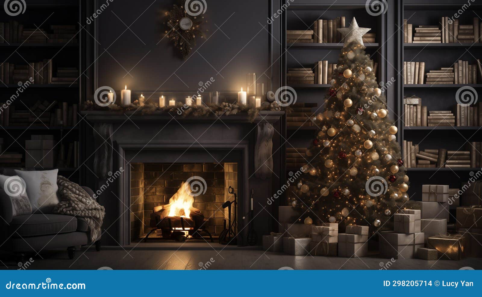Christmas in Modern House with Big Fireplace, Couch and Christmas Tree ...
