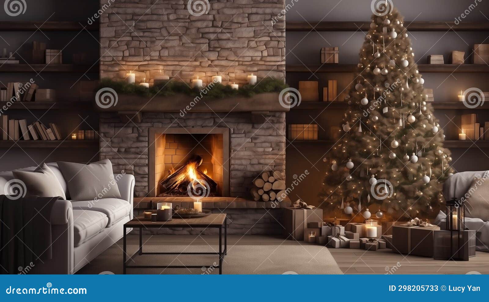 Christmas in Modern House with Big Fireplace, Couch and Christmas Tree ...