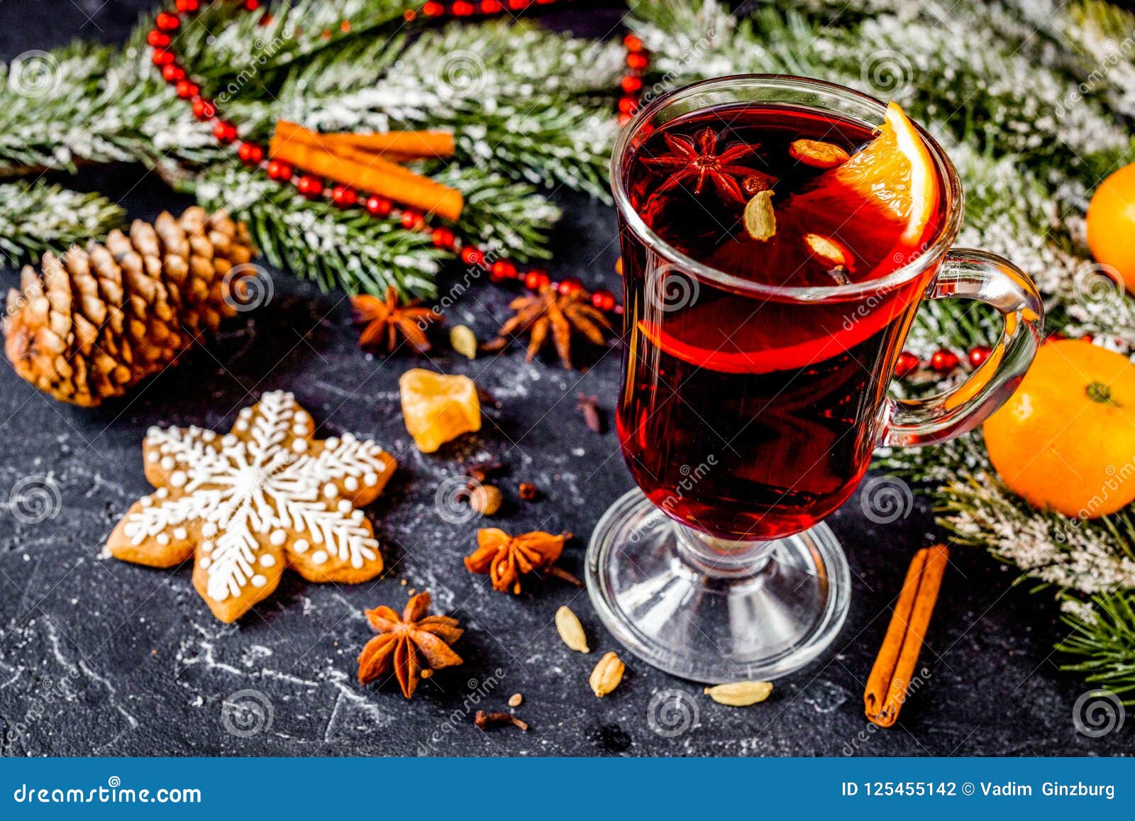 Christmas Mulled Wine with Spices in Cup on Dark Background Stock Photo ...