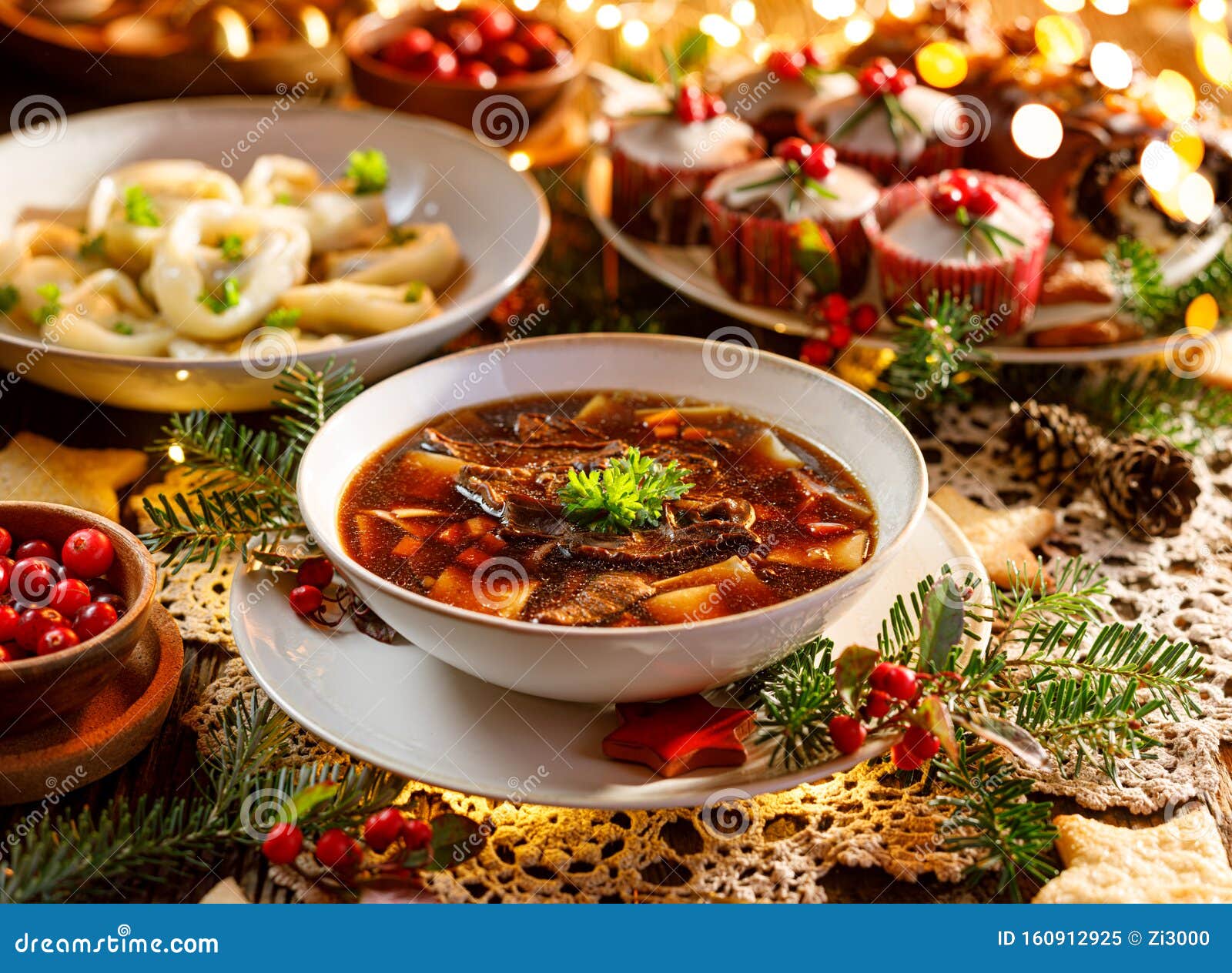 Christmas Mushroom Soup A Traditional Vegetarian Mushroom Soup Made With Dried Forest Mushrooms In A Ceramik Plate On A Festive Stock Image Image Of Fungus Ceramik 160912925