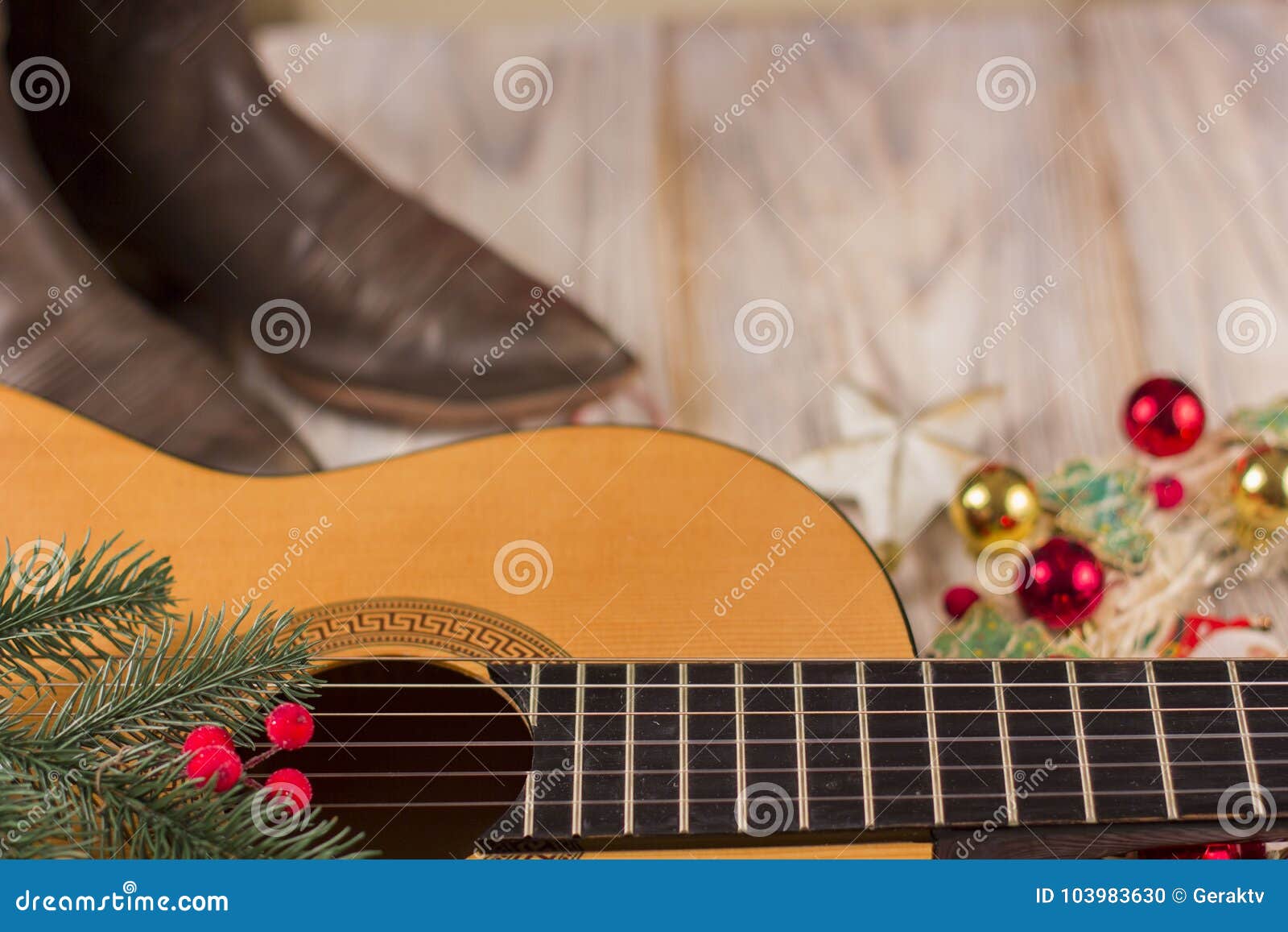 Christmas Music Background With Acoustic Guitar And Holiday Decoration Stock Photo Image Of Cowboy American 103983630