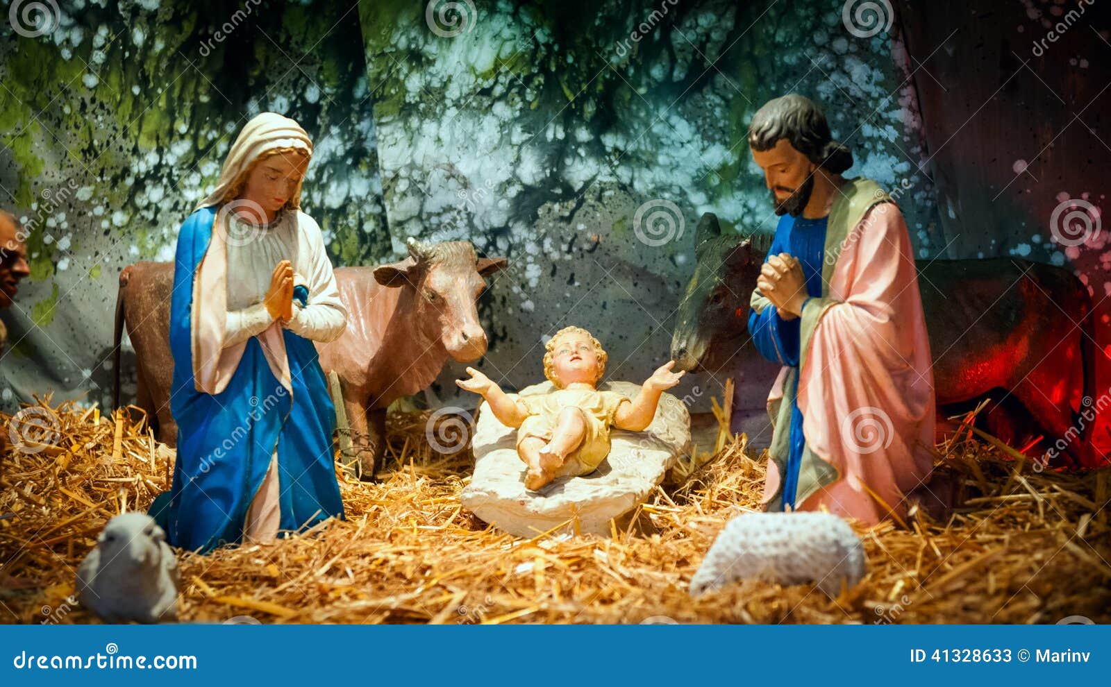 christmas nativity scene with baby jesus, mary & joseph