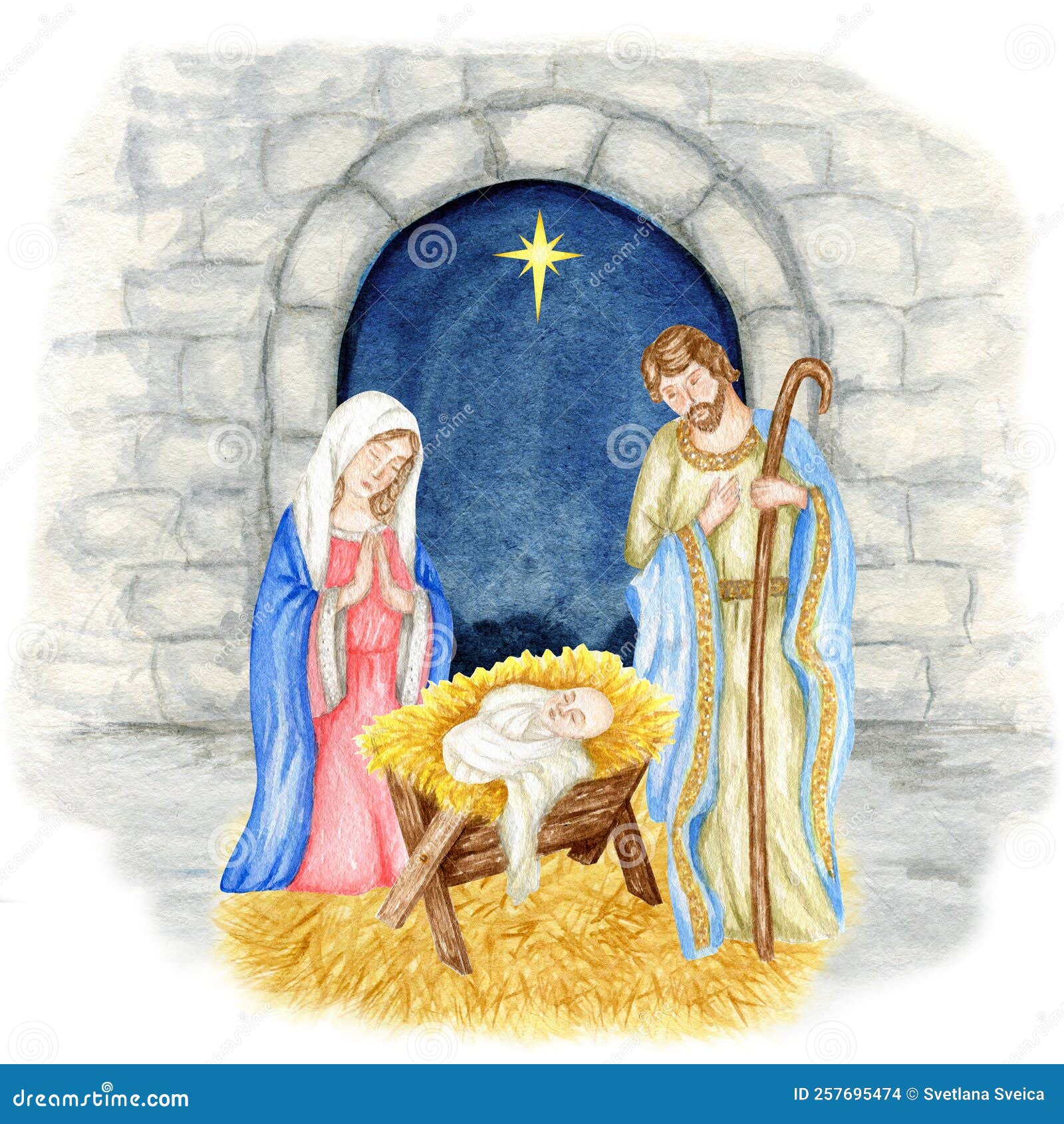 Christmas Nativity Scene with the Holy Family Watercolor Illustration ...