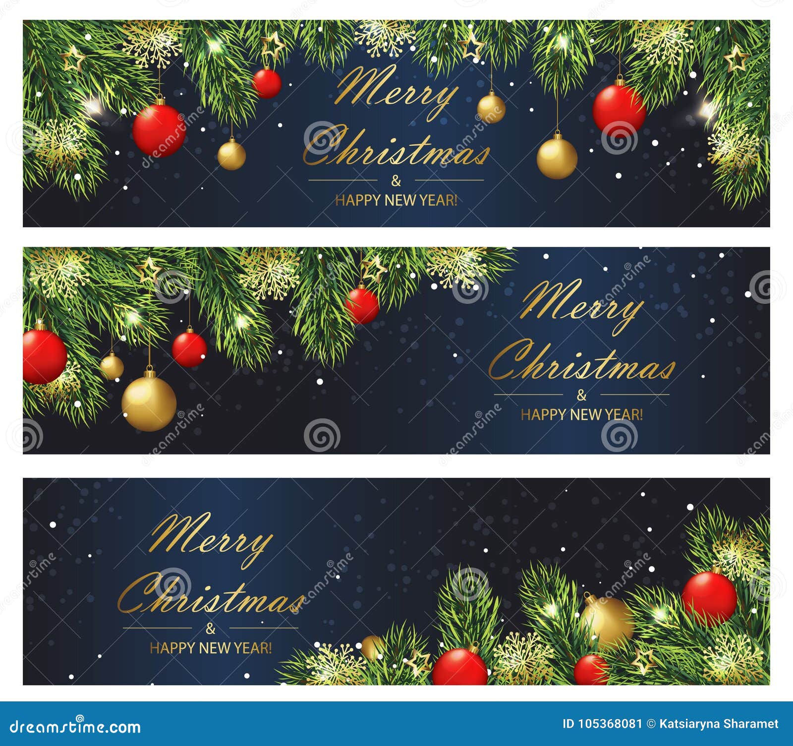 Christmas and New Year Banners with Fir Branches and Balls. Stock ...