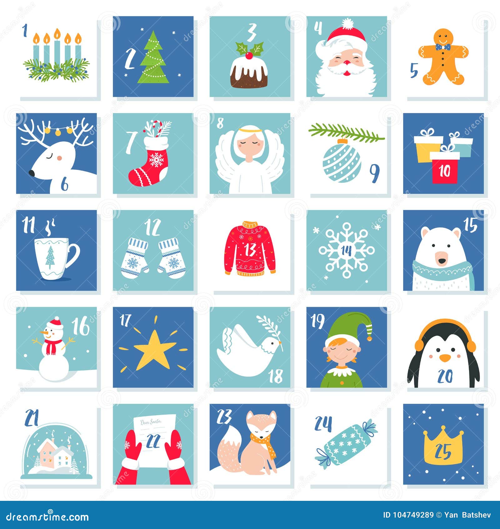 Christmas and New Year Celebration Symbols. Advent Calendar or Cards