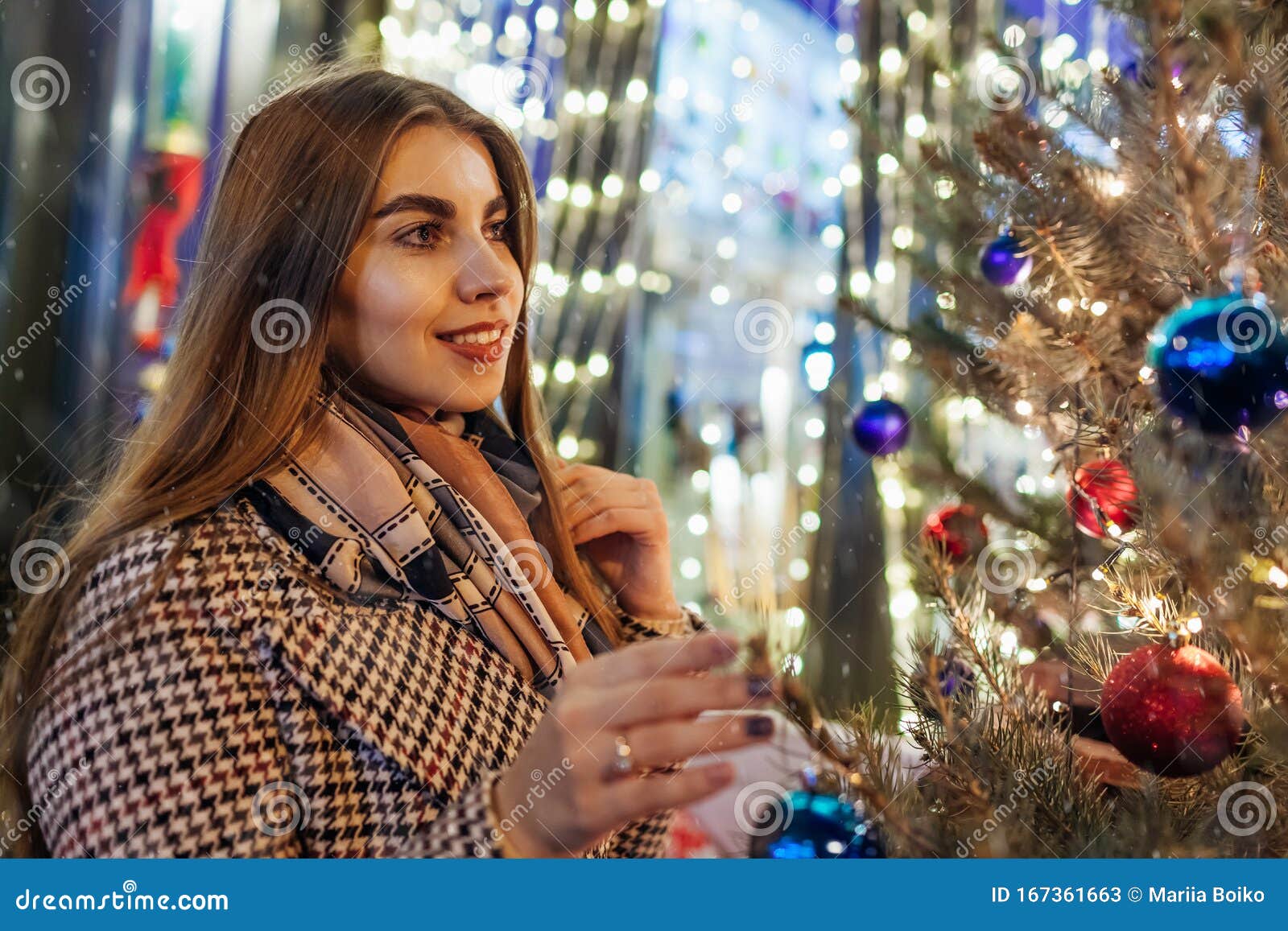 Christmas, New Year Concept. Woman Walking on City Street by Decorated ...