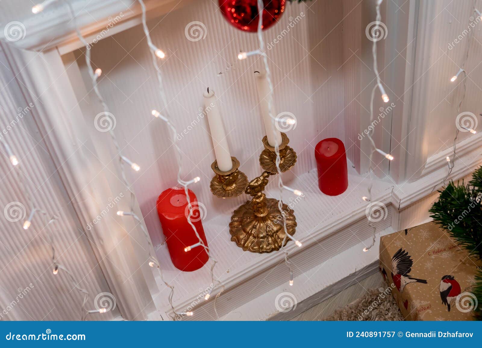 Christmas and New Year Fireplace with Candelabra and Candles. Stock ...