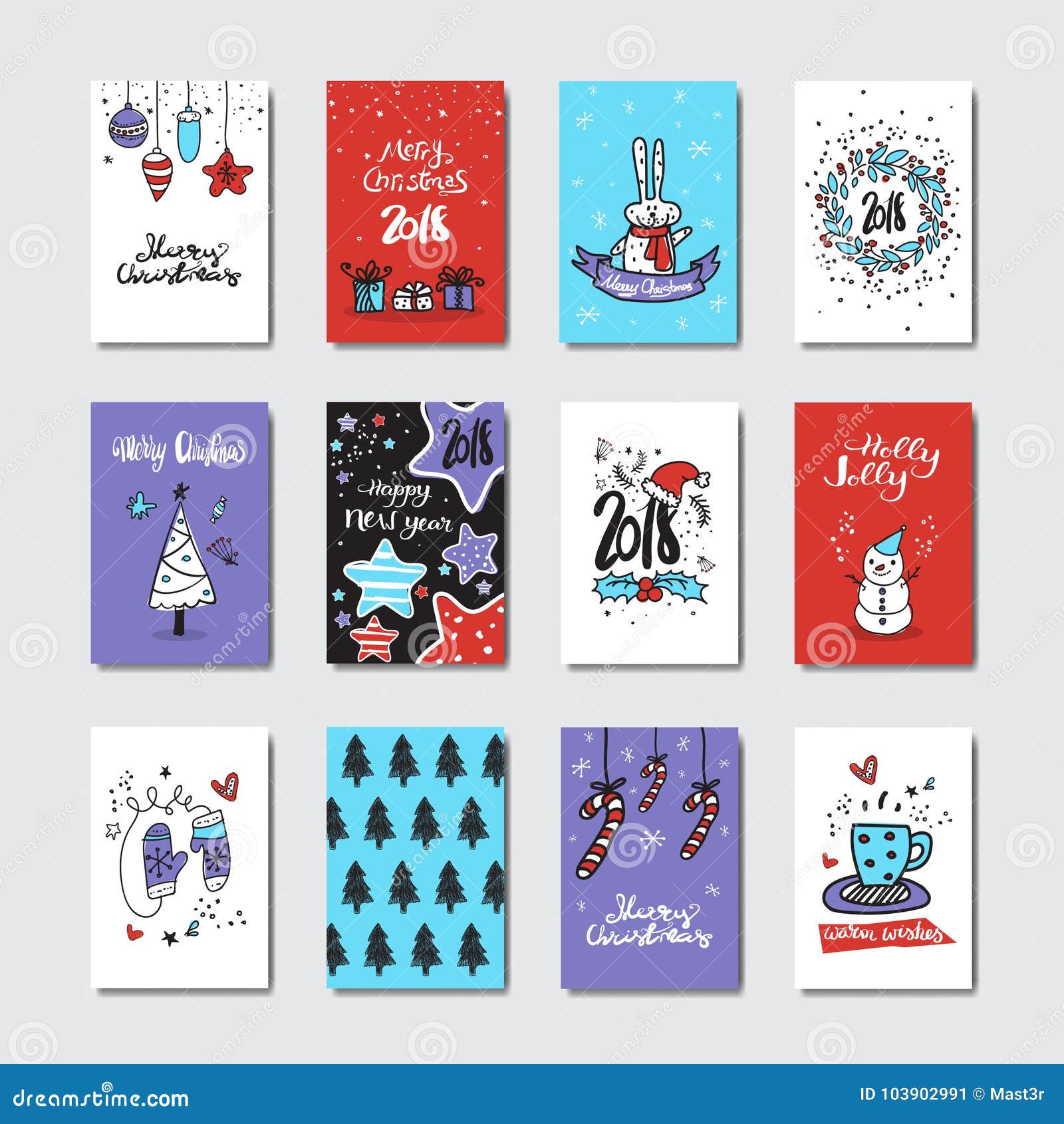 Christmas And New Year Greeting Cards Collection Doodle Style SEt Od Postcards Isolated White Background