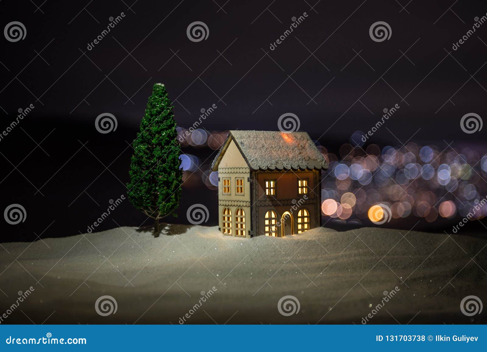 Christmas and New Year Miniature House in the Snow at Night with Fir ...