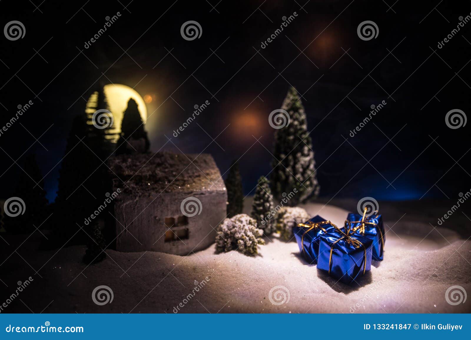Christmas and New Year Miniature House in the Snow at Night with Fir ...