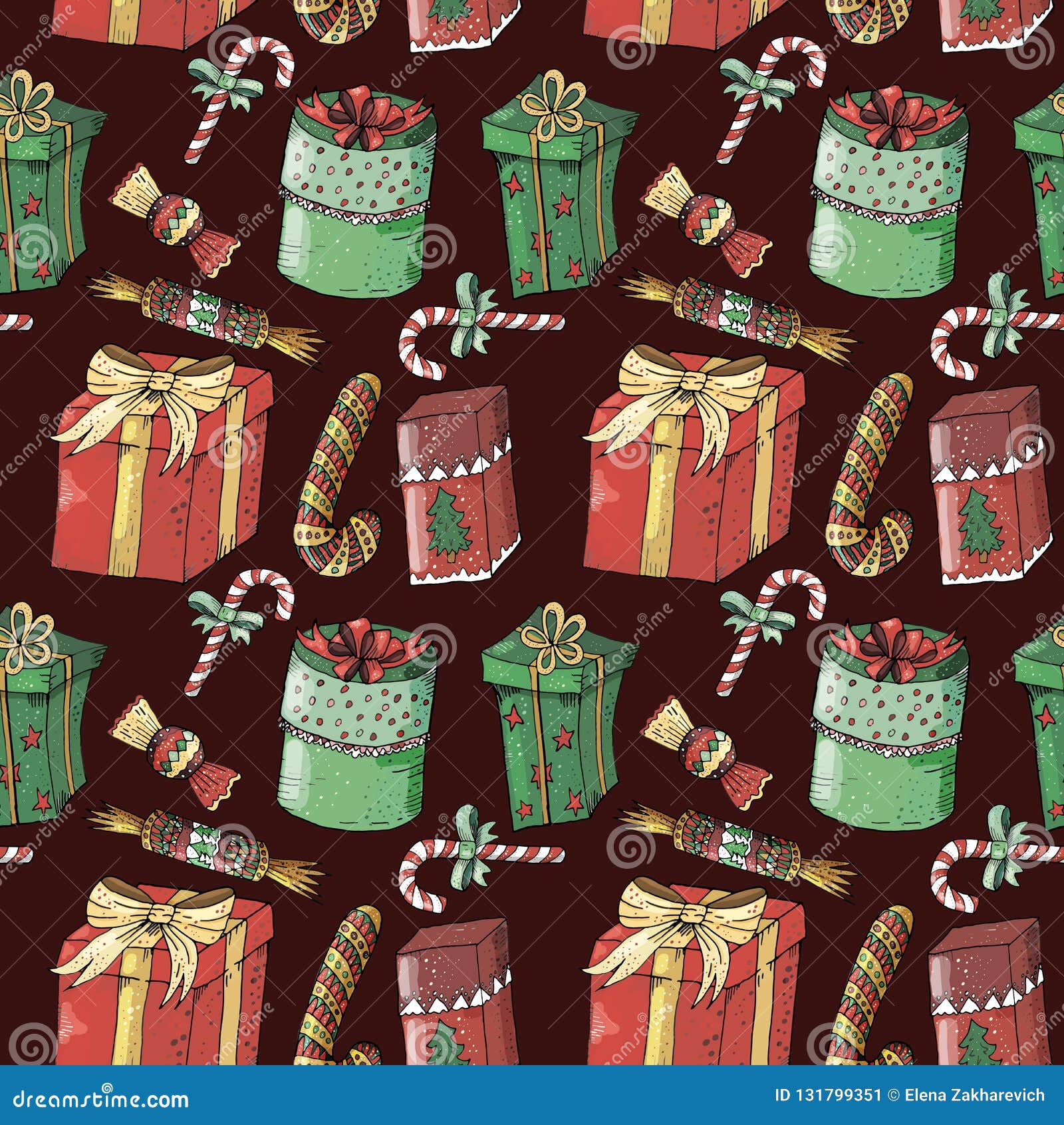 Christmas New Year Seamless Pattern on Maroon Background Stock