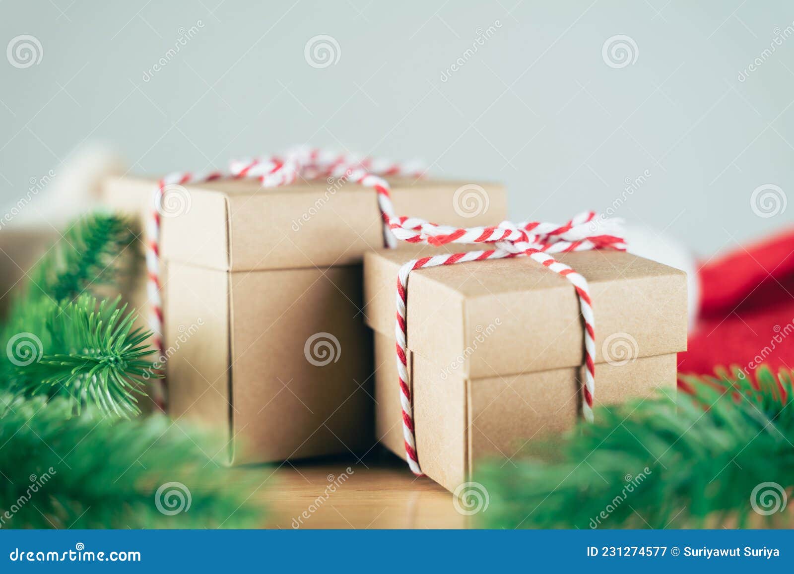 Christmas or Newyear Gift Box with Tree Branch and Decorations on ...