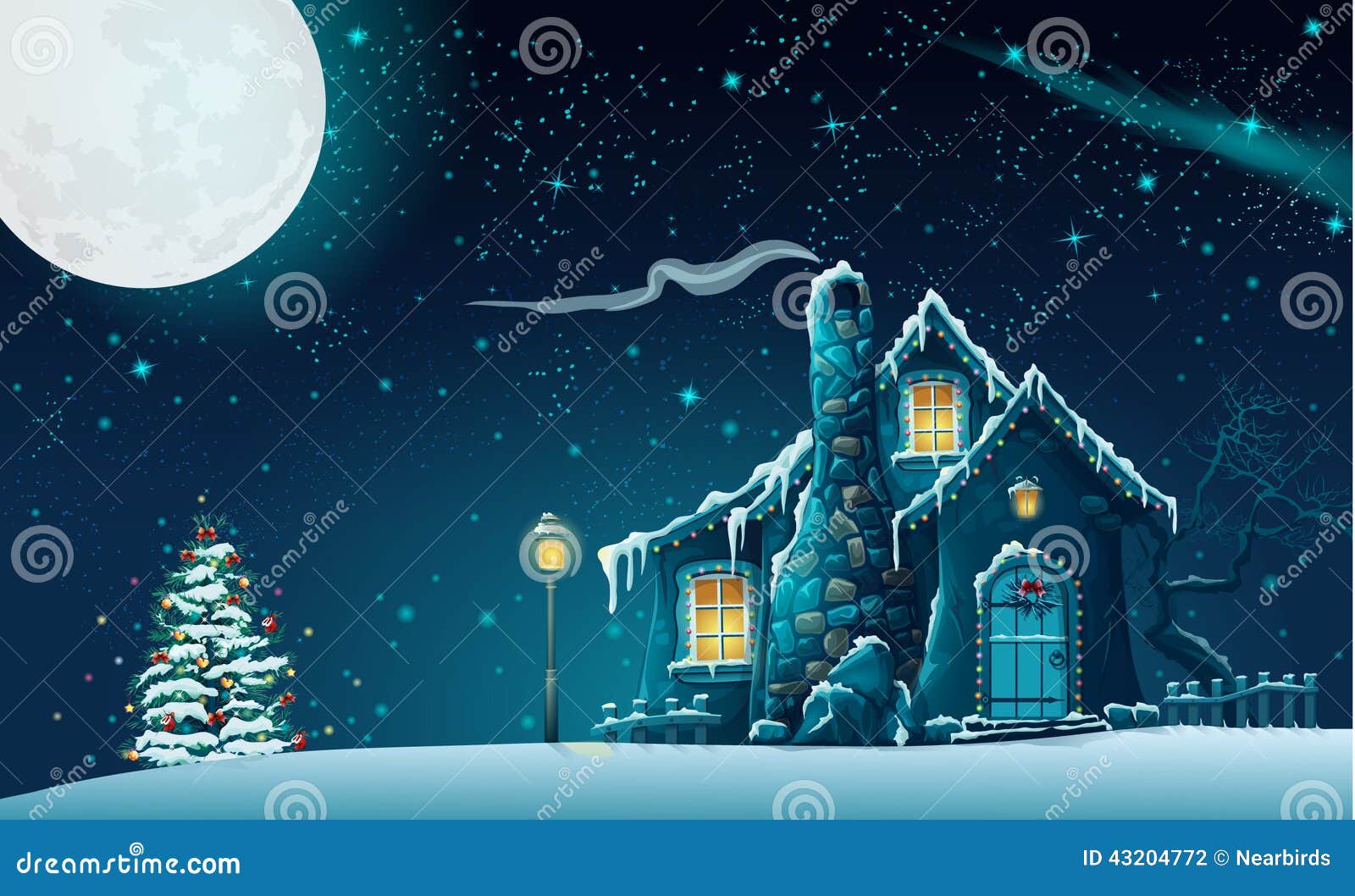 christmas night with a fabulous house and a christmas tree