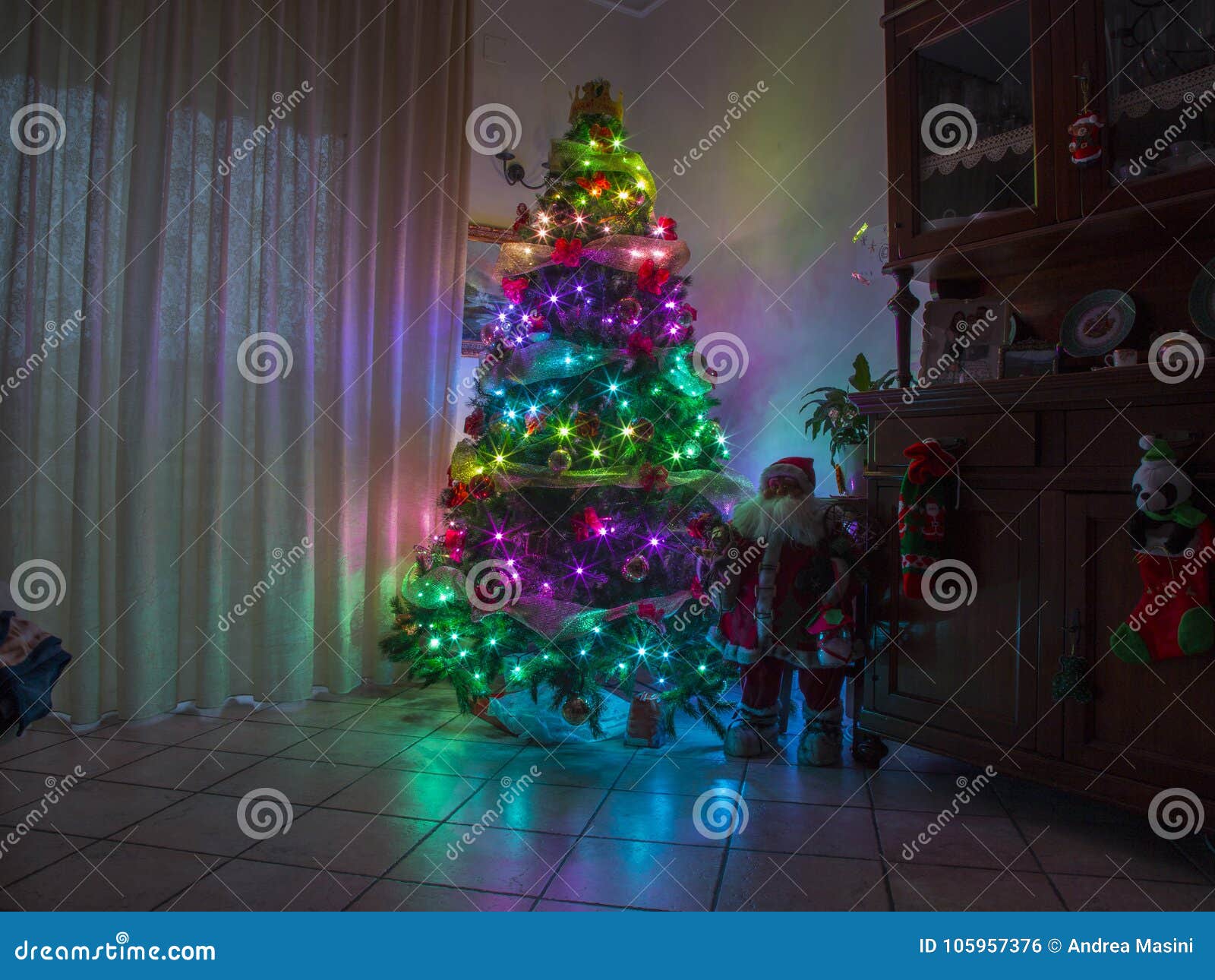 Christmas Night Interior with Rainbow Lights Christmas Tree Stock Photo Image of electric