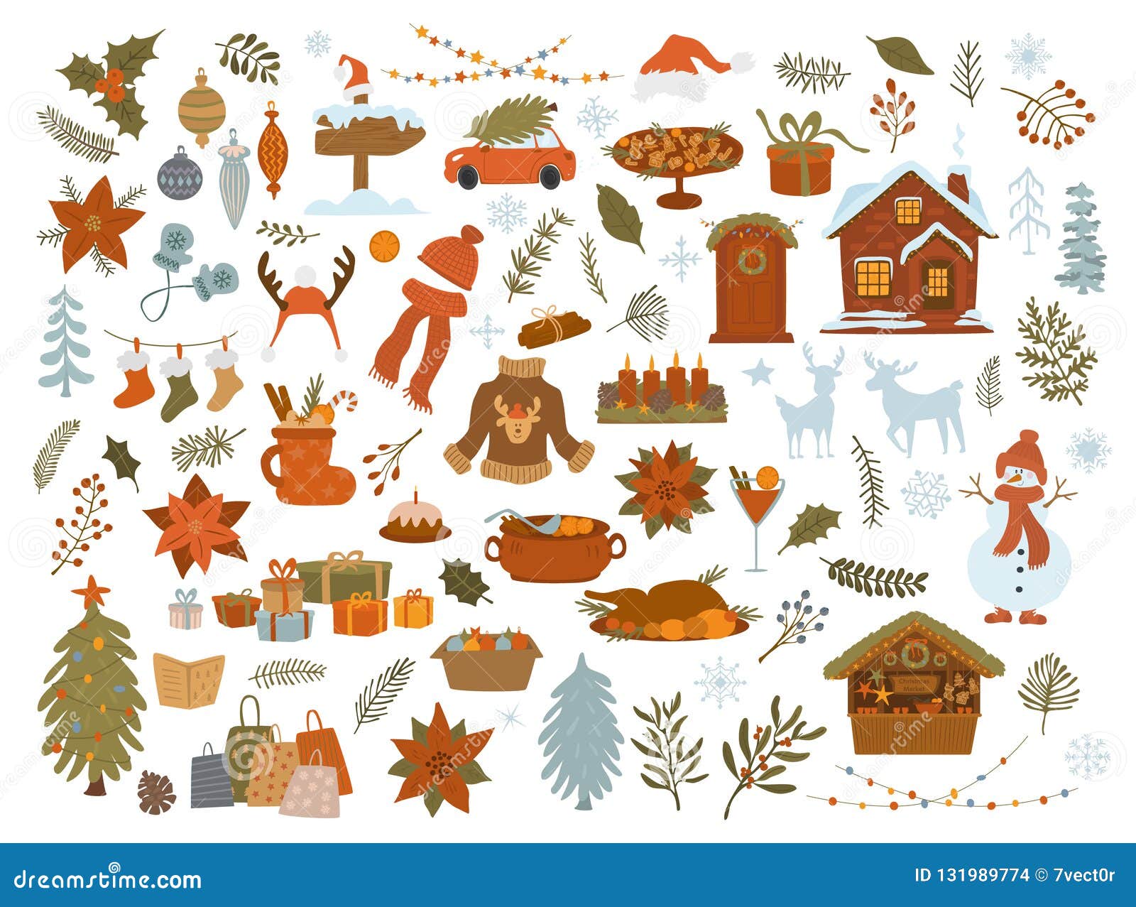 christmas objects items set, xmas tree, lights gifts, house, car, decoration, foliage    graphic