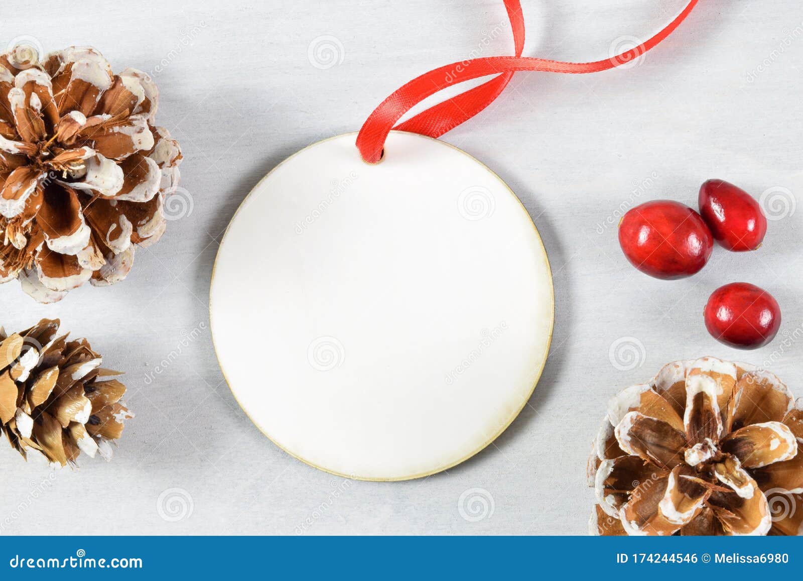 Download Christmas Ornament Mockup With Fresh Cranberries And Pine Cones Stock Photo Image Of Paper Grey 174244546