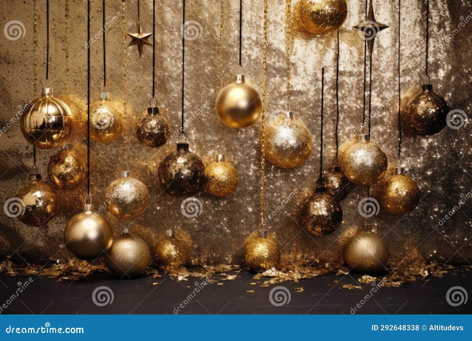 Christmas Ornaments Hanging from a Goldglitter Backdrop Stock Photo
