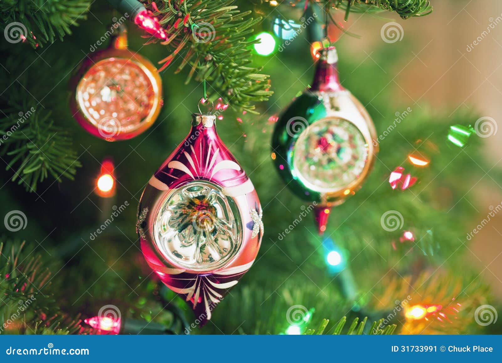Christmas Ornaments and Lights on a Tree Stock Image Image of