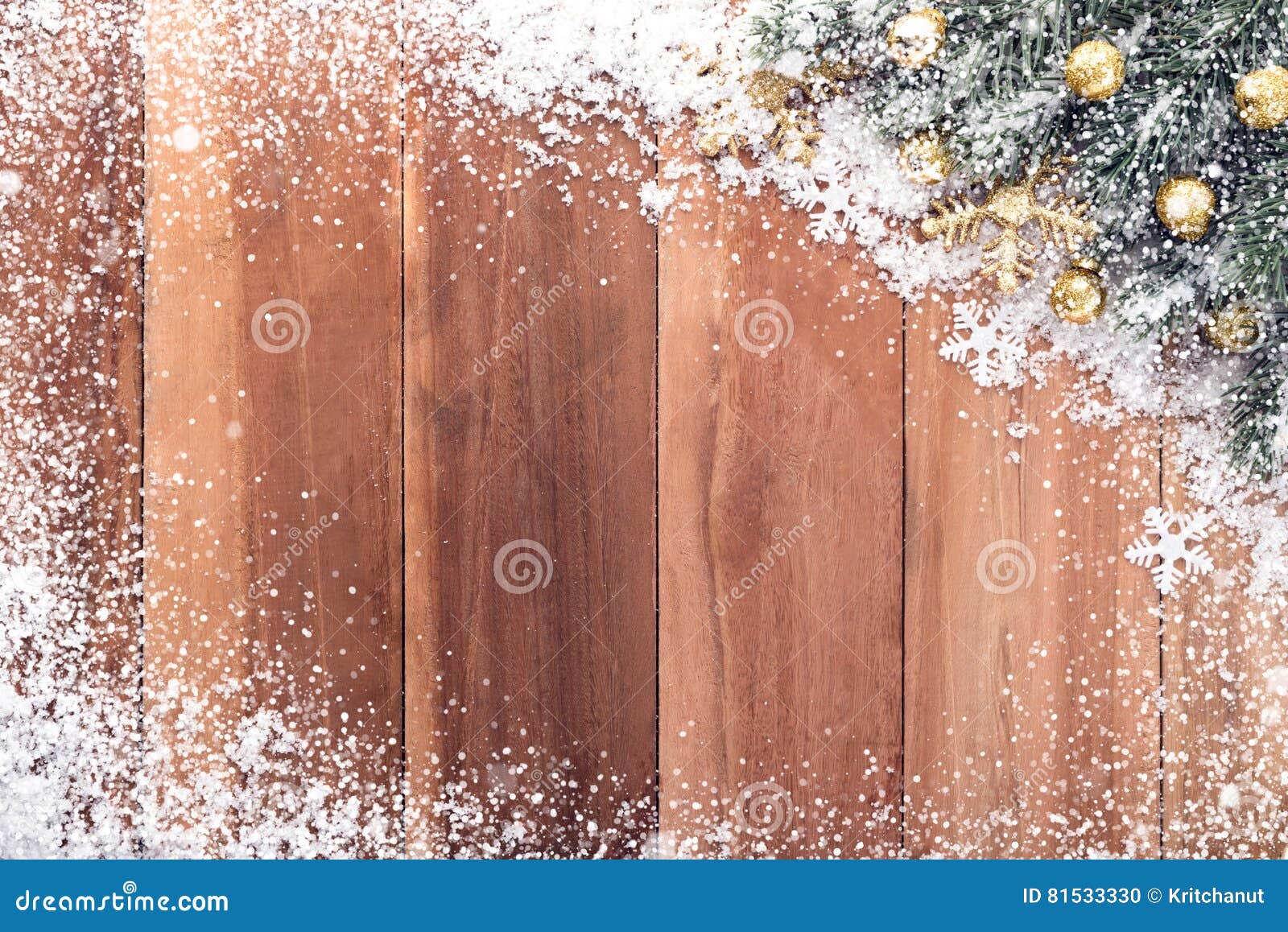 Christmas Ornaments with Snow on Wood Background Stock Photo - Image of ...