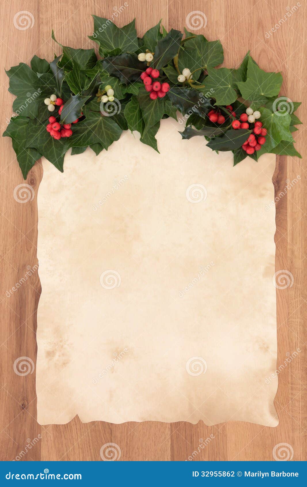 Christmas Scroll on Parchment Paper with Holly & Cedar Stock Photo