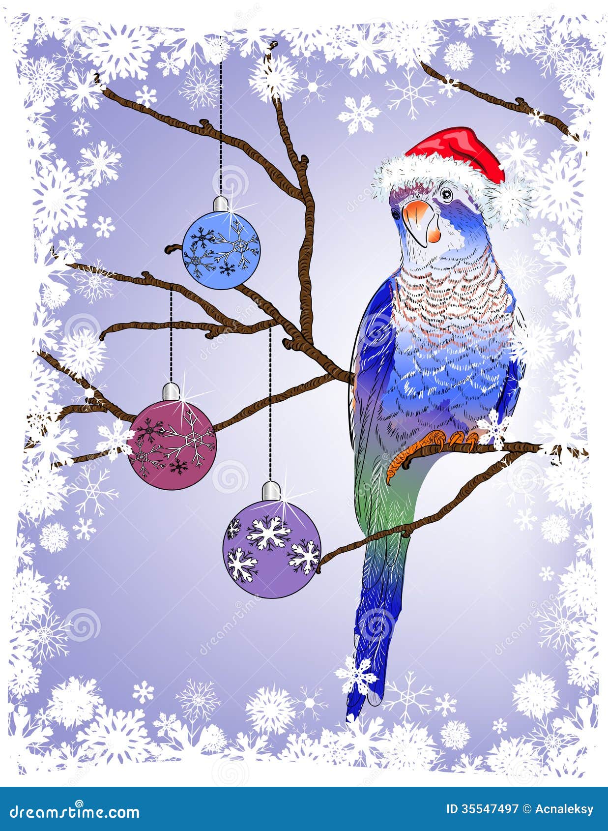 Christmas Parrot with Decorations on a Tree Branch Stock Vector
