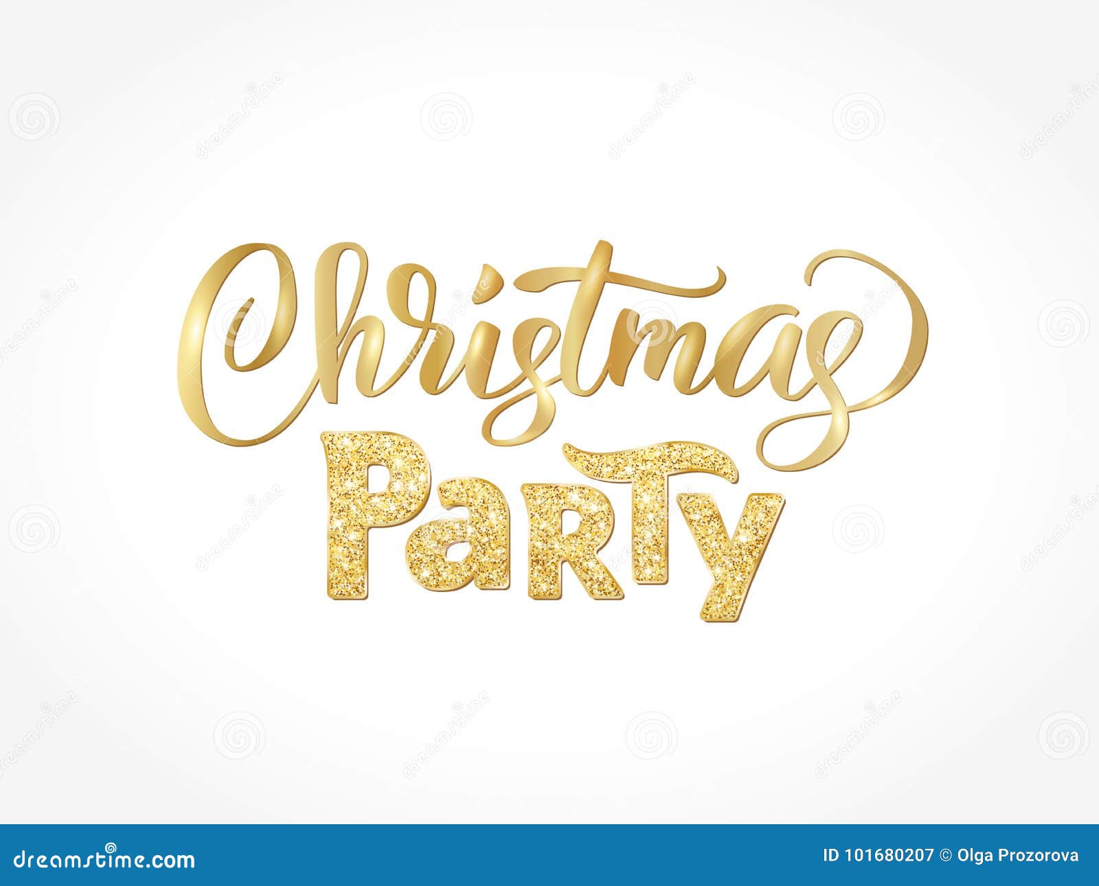 Christmas party hand written lettering isolated on white background Sparkling glitter golden typography