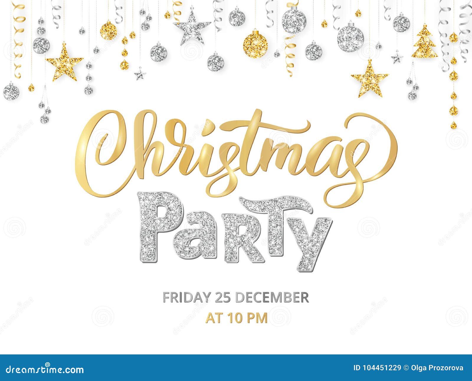 Christmas party poster template gold and silver on white Hand written lettering Isolated