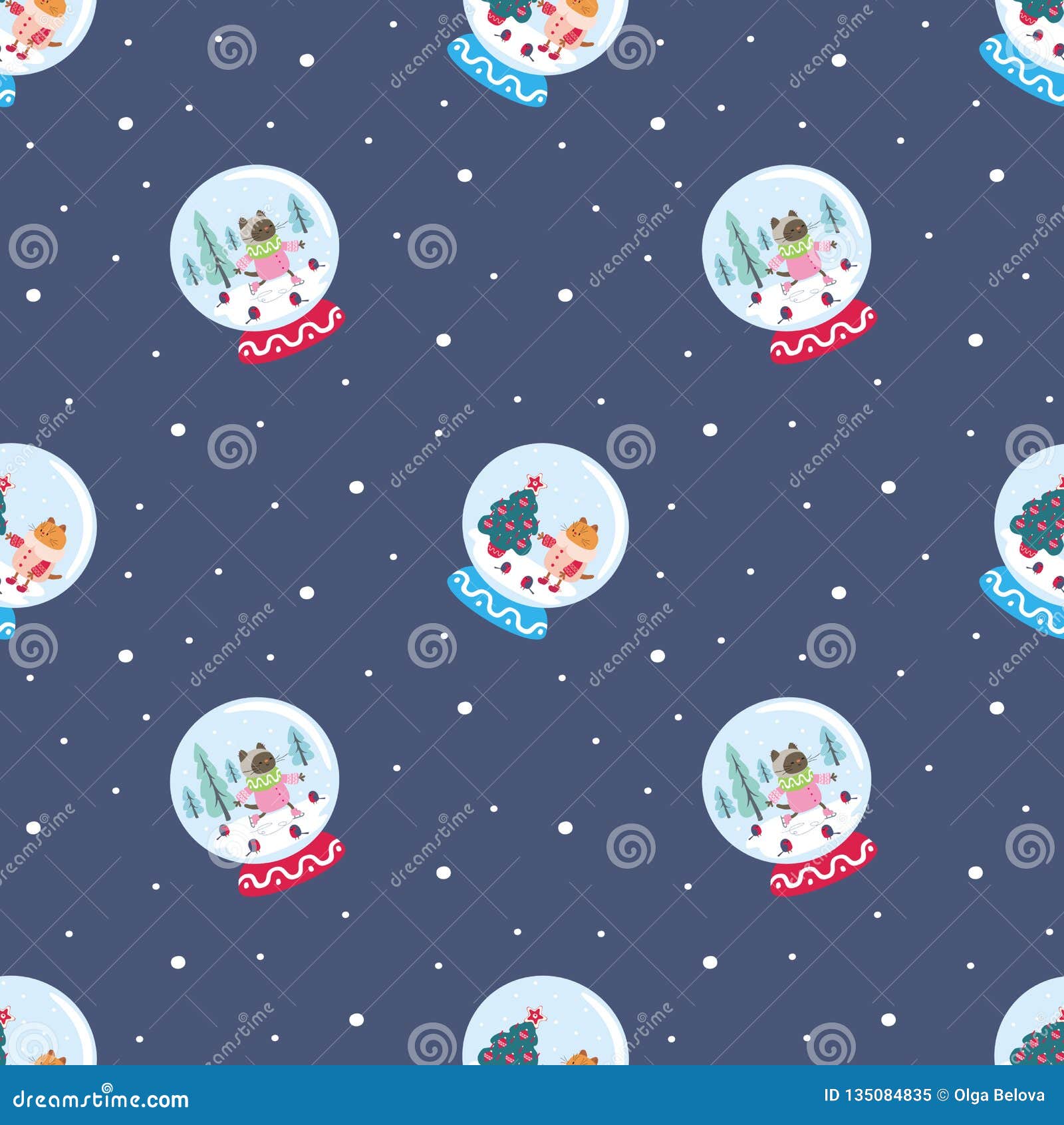 christmas pattern with snow globes and cats