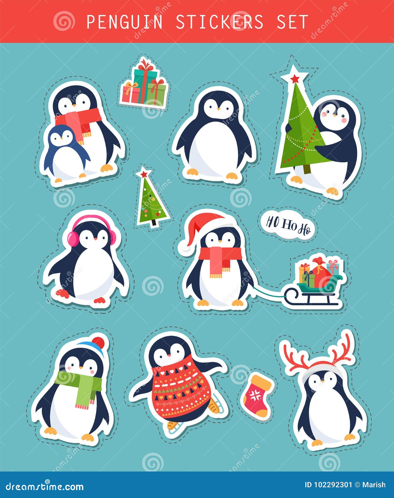 christmas penguin stickers set, patches and labels
