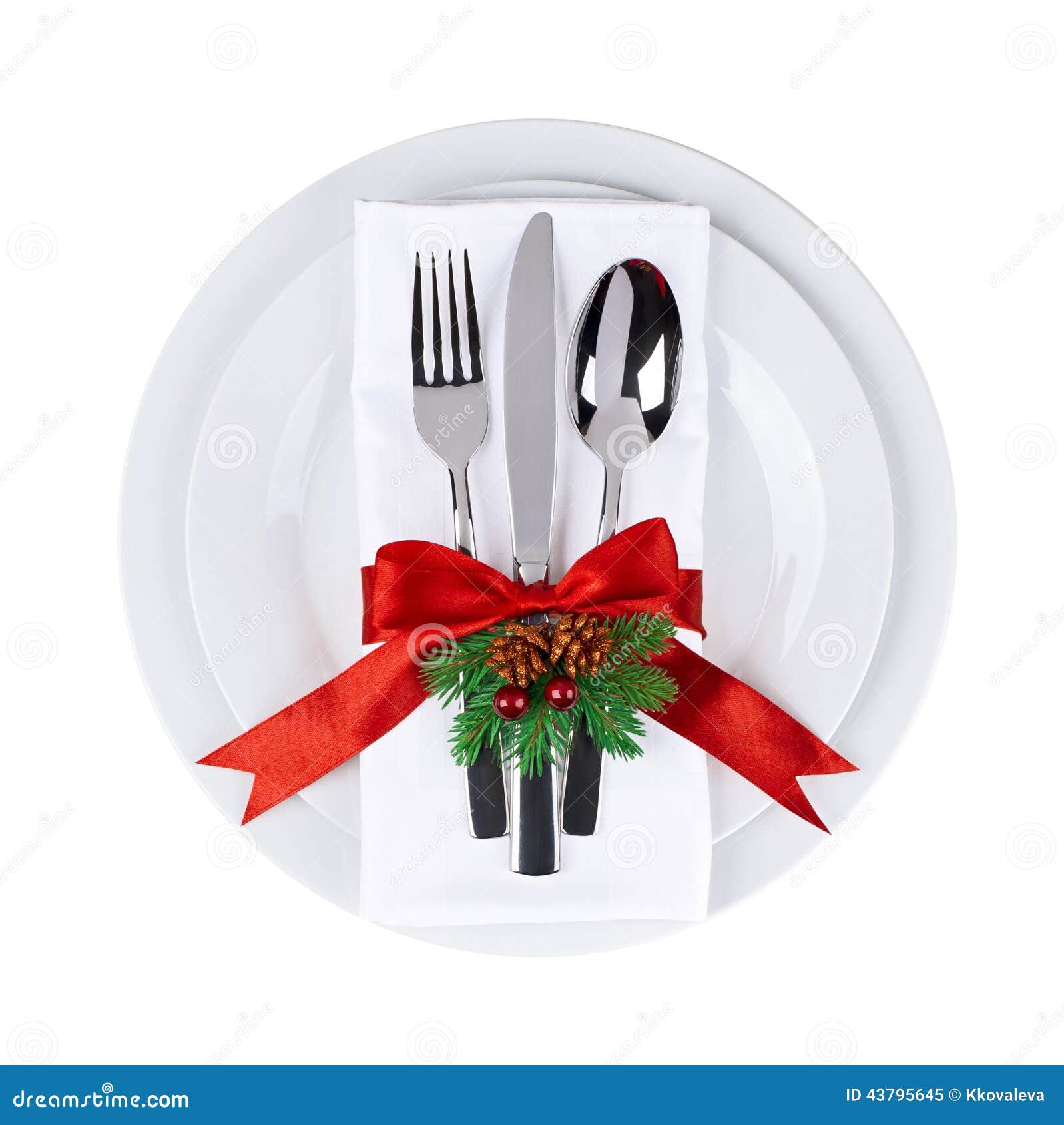 Christmas Plate And Silverware Isolated On White 