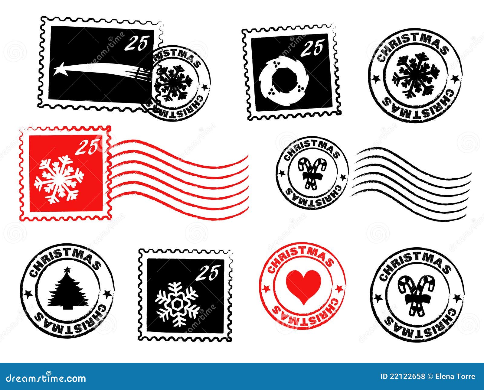 Christmas postage set with stamps and rubber stamps + vector eps file.