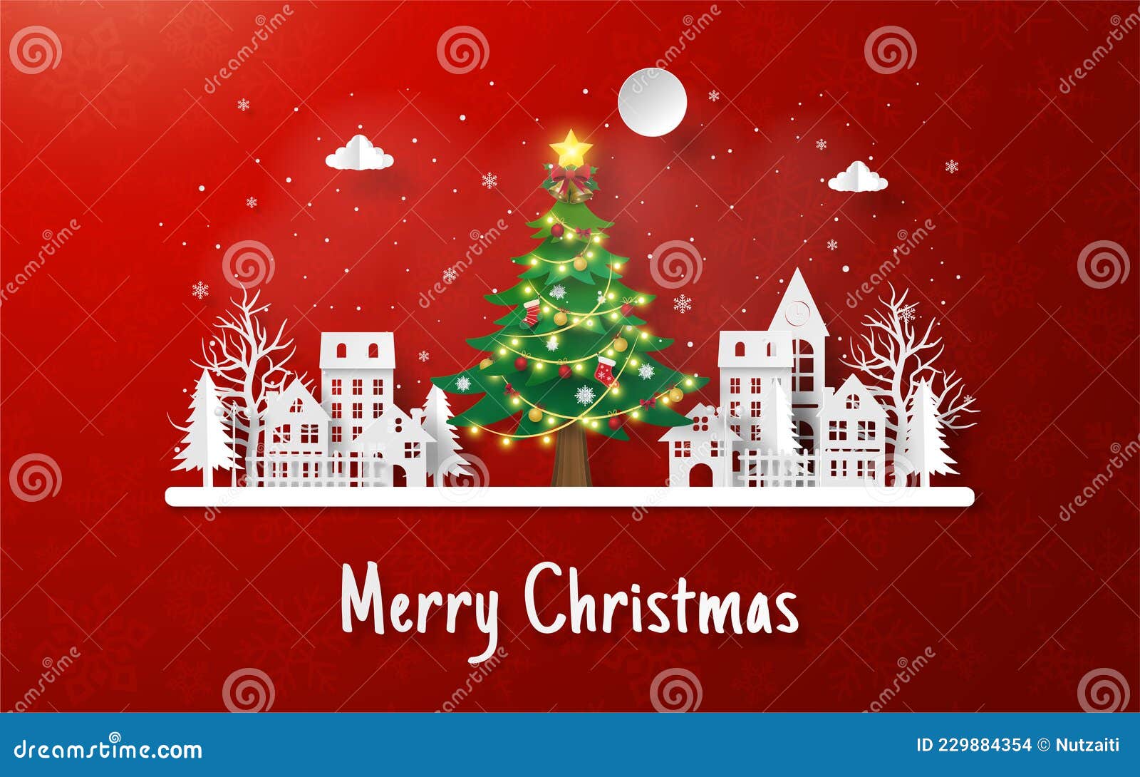 Christmas Postcard with Big Christmas Tree in the Village Stock