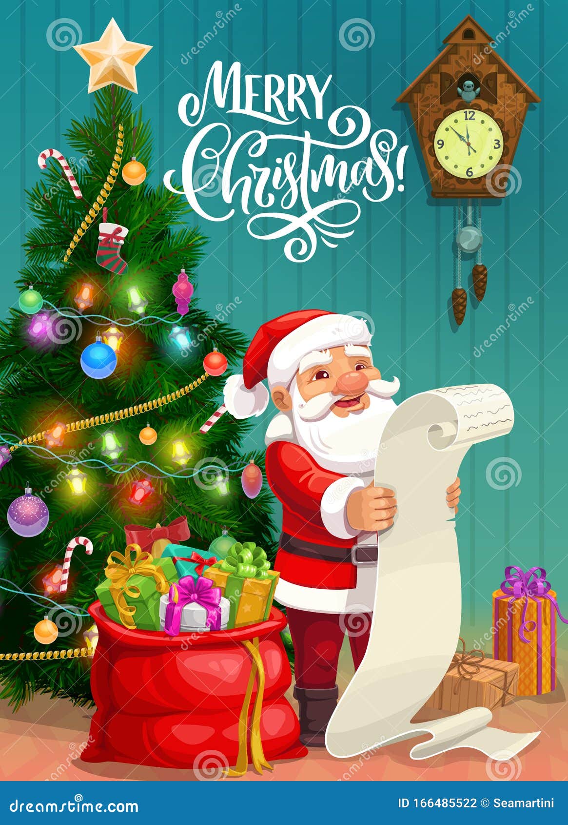 Christmas Poster, Santa Reading Gifts Wish List Stock Vector ...