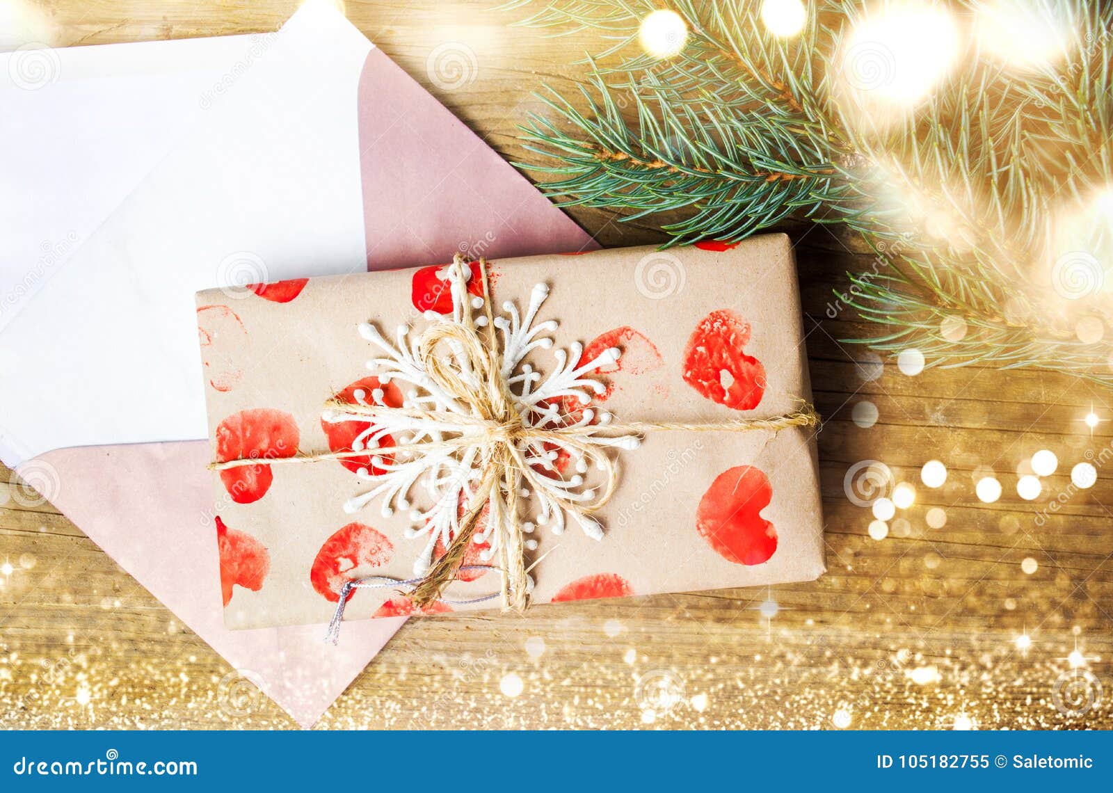 Christmas Present and a Letter in Envelope Stock Image Image of gift
