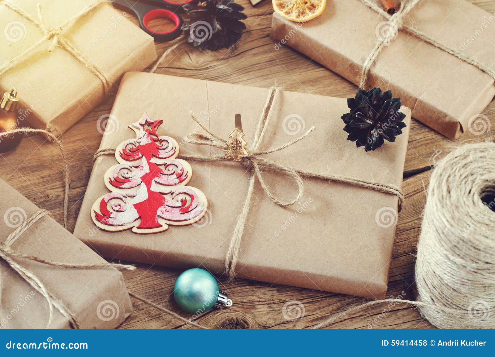 christmas presents on a wooden table closeup