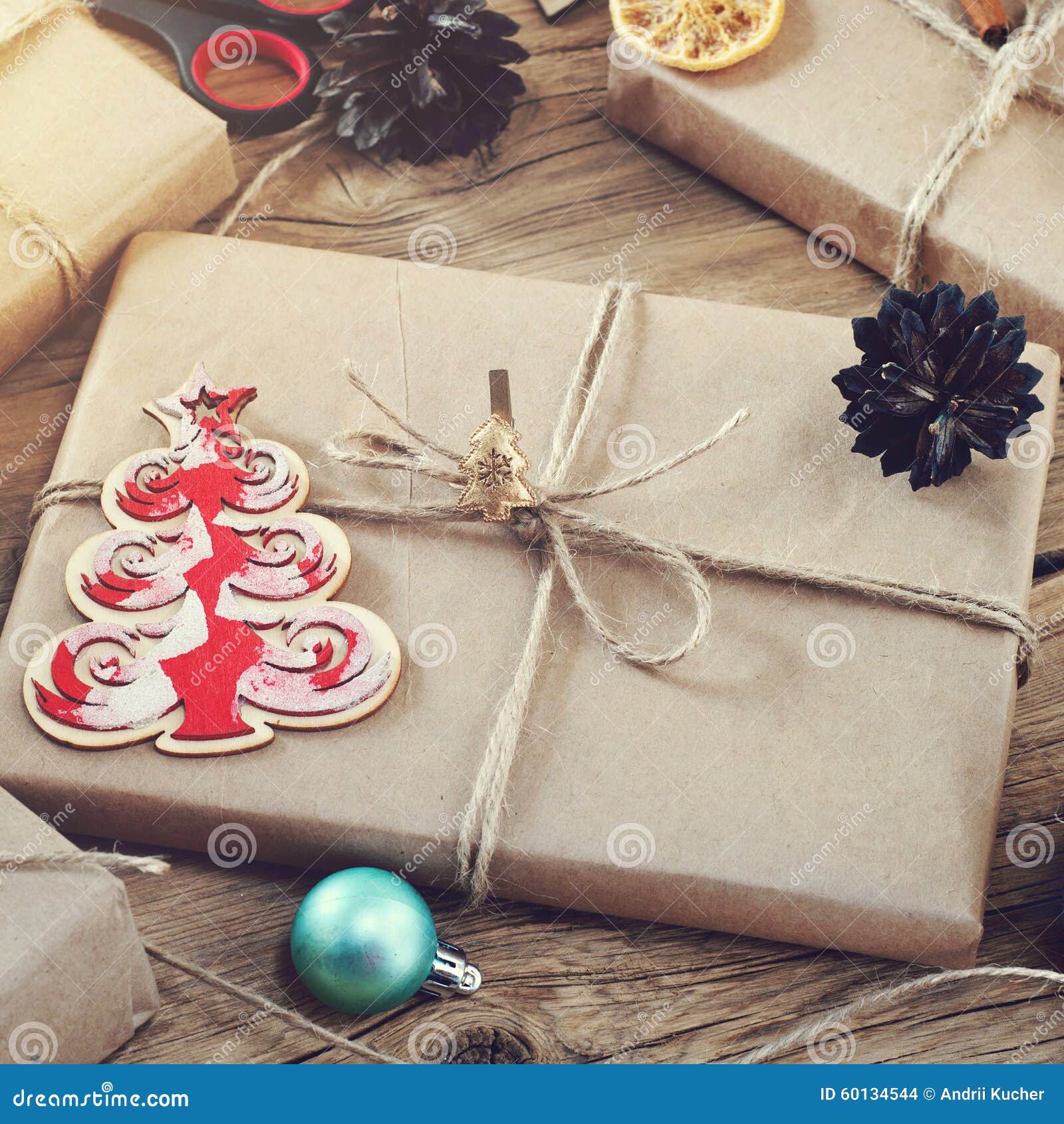 christmas presents on a wooden table closeup