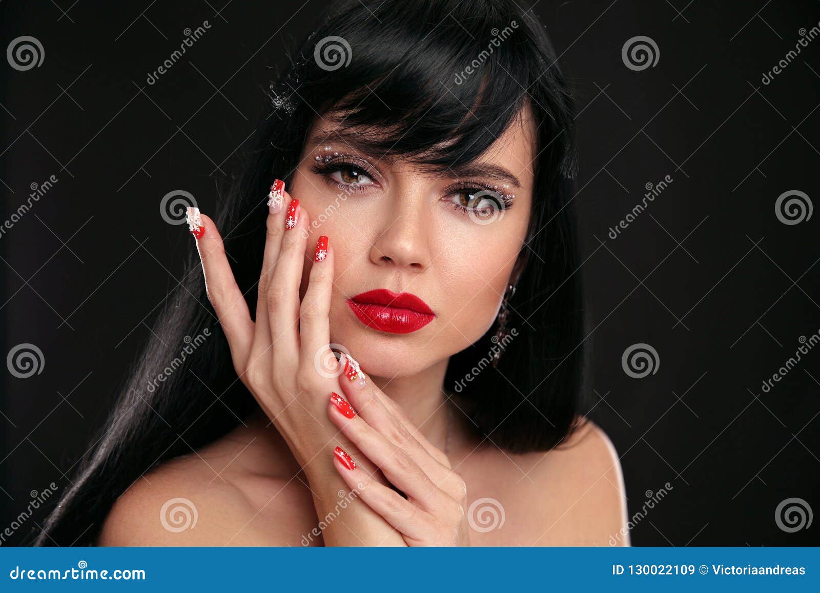 Christmas Red Lips Makeup And Manicured Nails Beautiful Brunette Girl Closeup Portrait Stock 