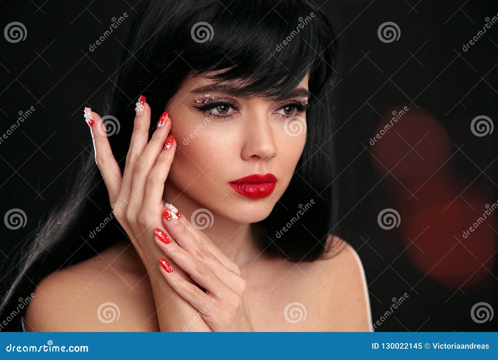 Christmas Red Lips Makeup And Manicured Nails Beautiful Brunette Girl Closeup Portrait Stock 