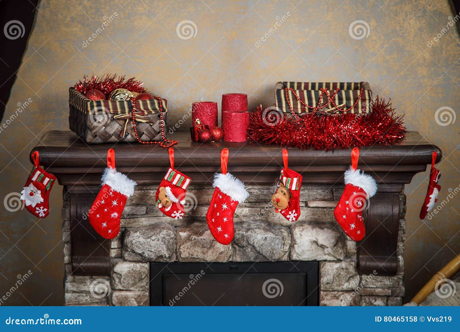 christmas red stocking hanging from a mantel or fireplace, decor